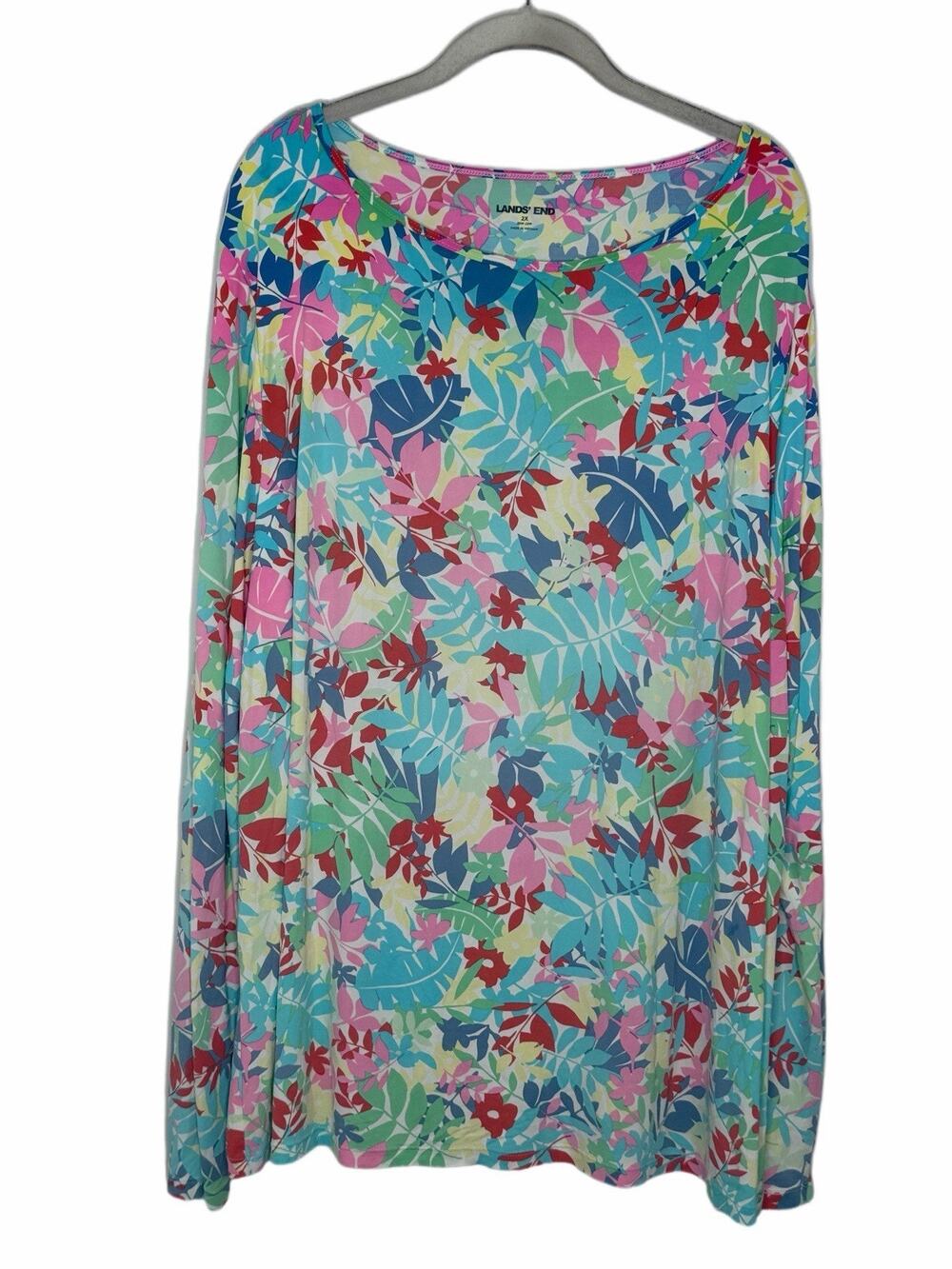 Lands End Women’s 2X White Pink Tropic Long Sleeve Scoop Neck Tee Top